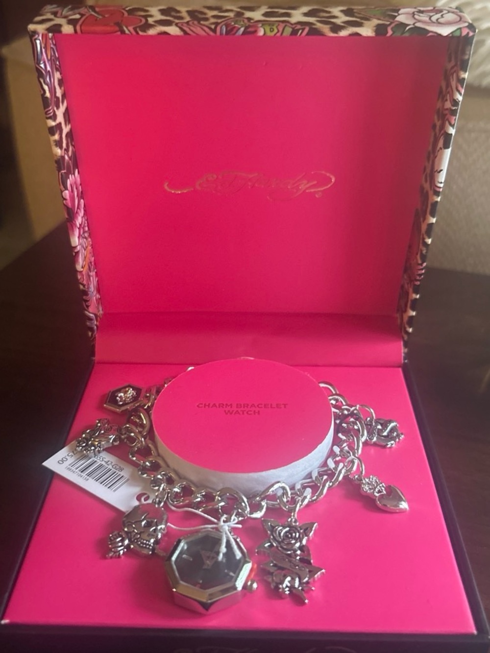 Ed Hardy Silver-Tone Charm Bracelet Watch with Heart and Rose Charms - Picture 3 of 4